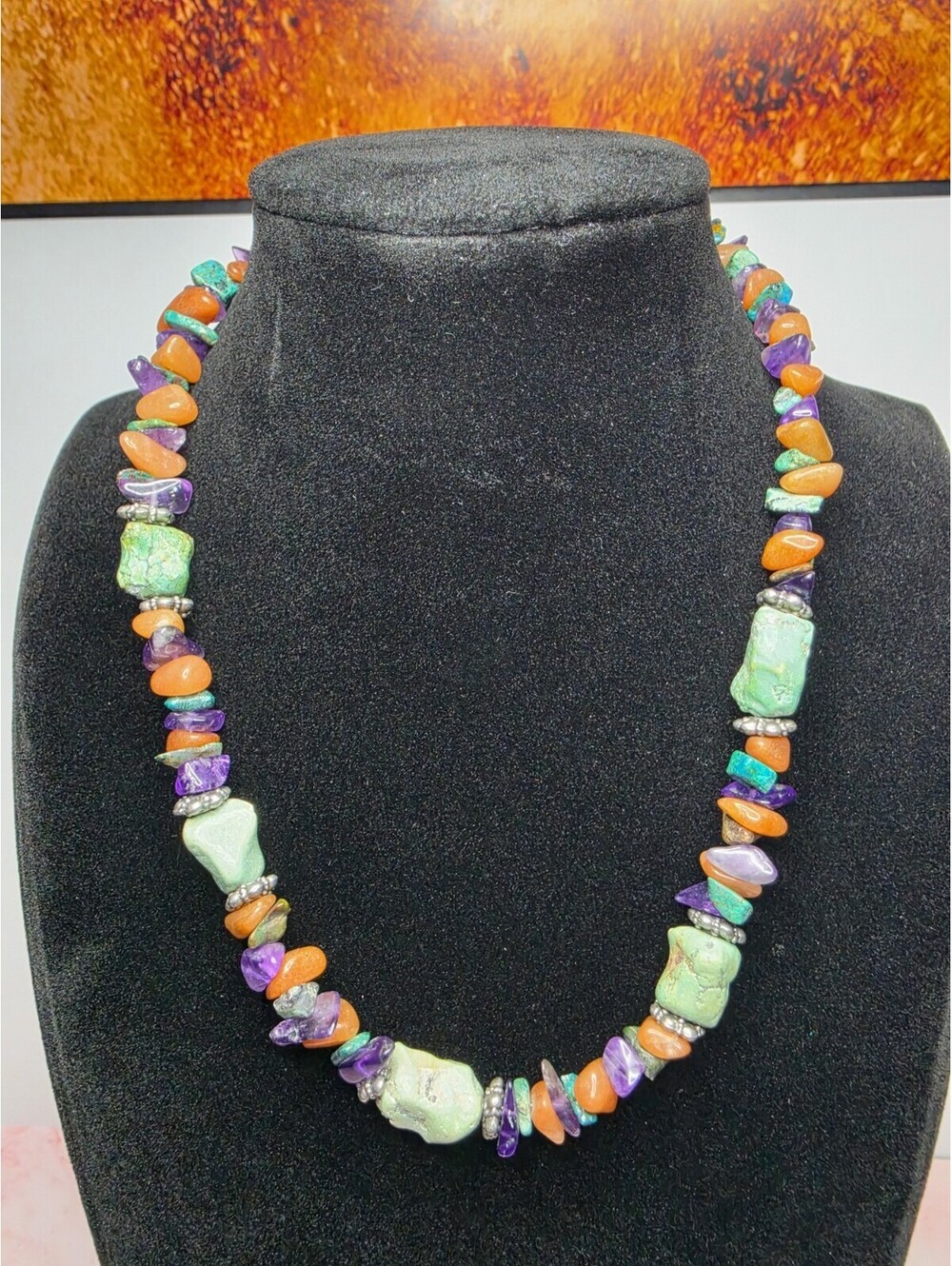 Vintage Multi-Gemstone Chunk Nugget Statement Necklace Boho Colorful 18"
